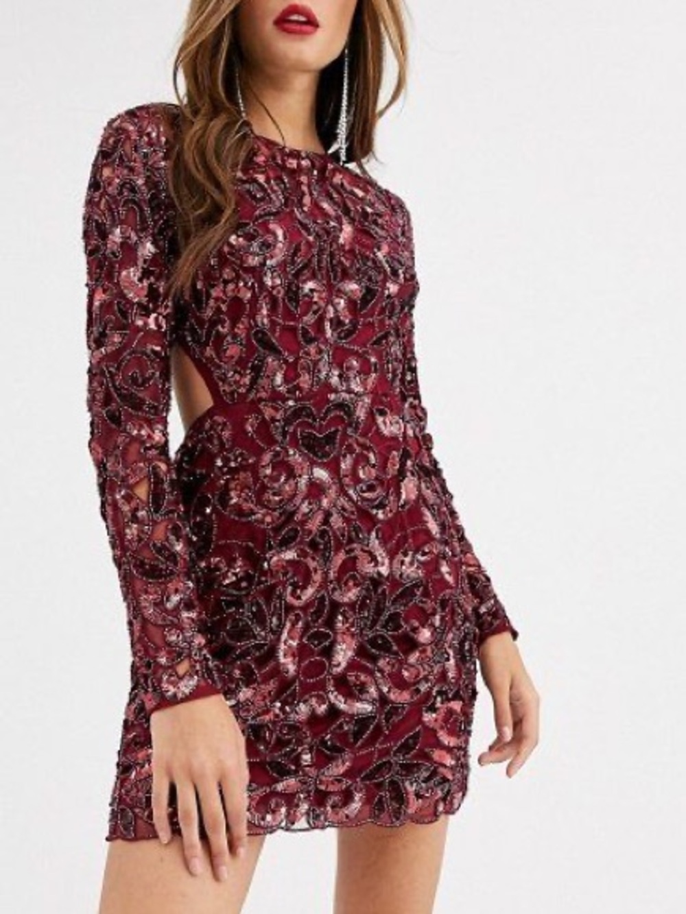 ASOS Burgundy Sequin Beaded Mesh Bodycon Mini Dress Long Sleeve Party Size 6
